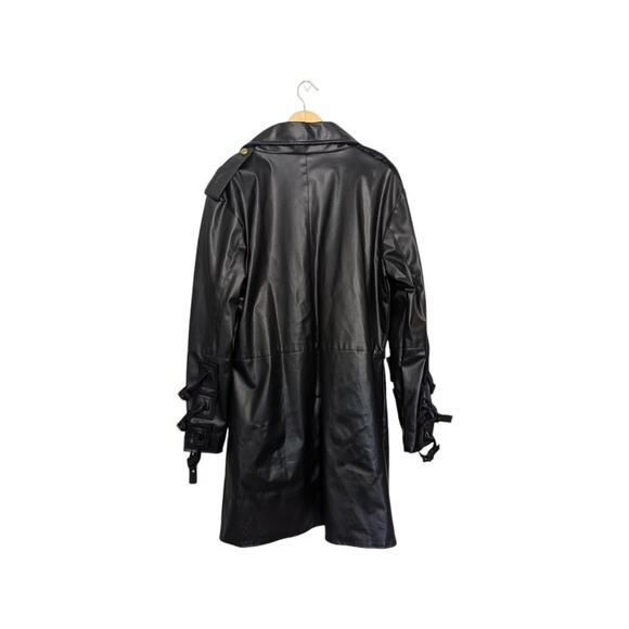 Black Vegan Leather Steampunk Trench Coat Belted Jacket Pirate Dressing PUBG - Picture 3 of 6